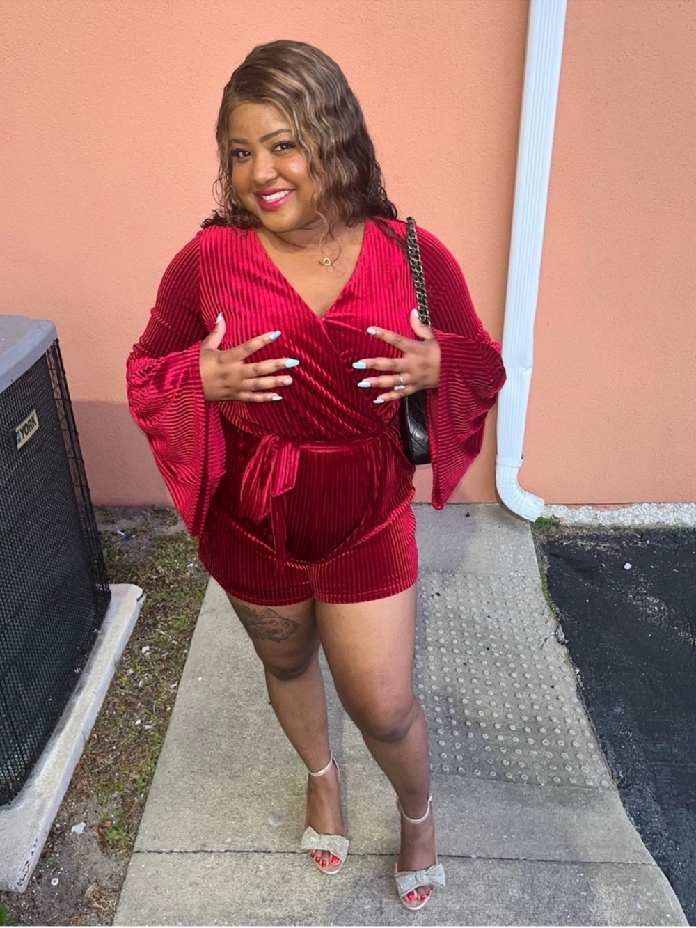 Velvet Red Wrap Romper with Belt